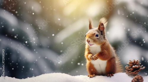 Cute red squirrel in the falling snow against the background of a pine forest. Winter time background photo