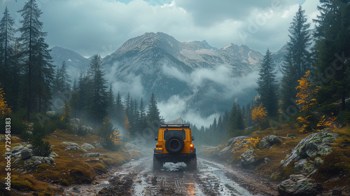 A 4x4 vehicle navigates a muddy trail amidst a misty forest, with majestic mountains in the backdrop, embodying the spirit of offroad adventure. © Valeriy