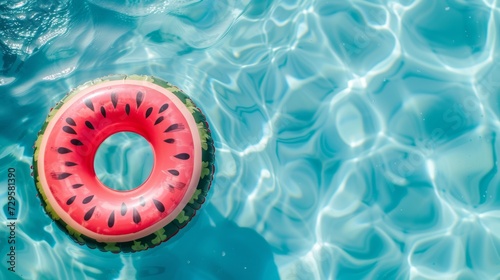 Top view of colorful inflatable ring watermelon toy in swimming pool water from above, Generative Ai