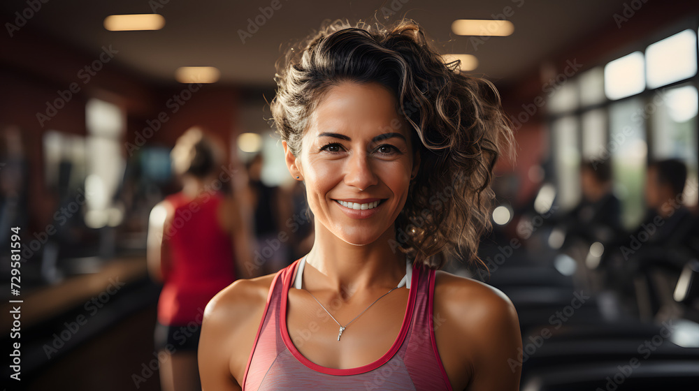 A confident woman radiates positivity as she poses for the camera, showcasing her workout attire and beaming smile, exuding strength and grace in an indoor setting