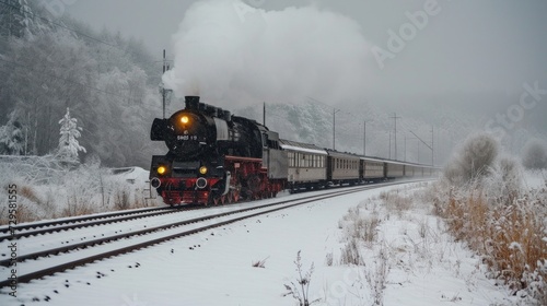 Steam train ride in winter snow travel scene photo