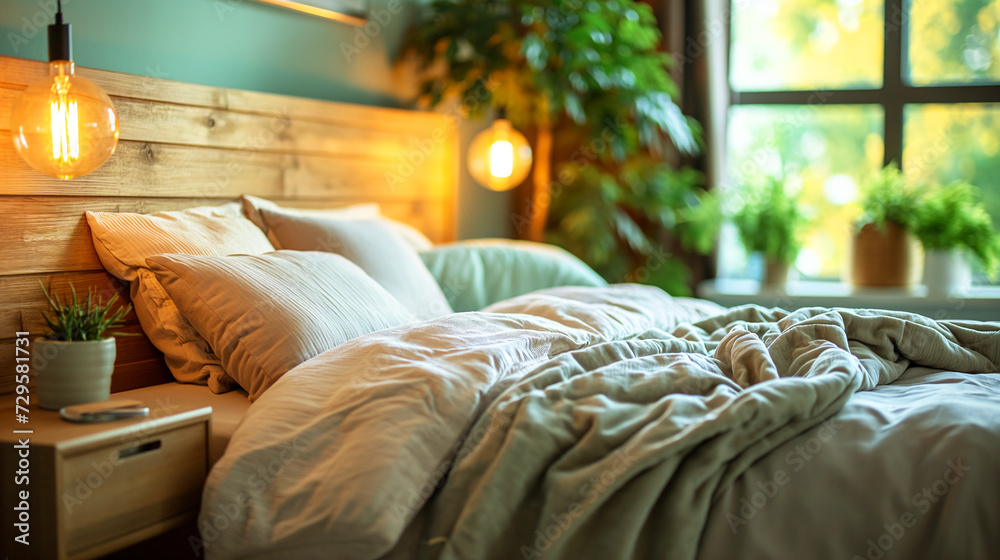 cozy bedroom with a comfy bed, warm hanging lights, wooden headboard, and green plants by the window, creating a peaceful and natural atmosphere - obrazy, fototapety, plakaty 