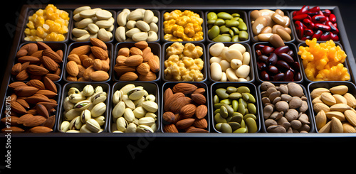 large assortment of different types of nuts in wooden boxes for the supermarket. vegan food. natural vitamins