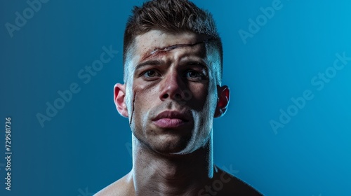 Portrait of a young man with a bloody face on a blue background