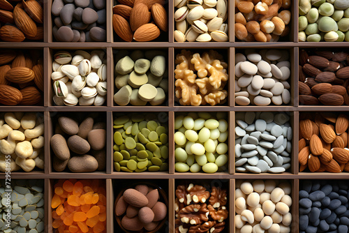 large assortment of different types of nuts in wooden boxes for the supermarket. vegan food. natural vitamins