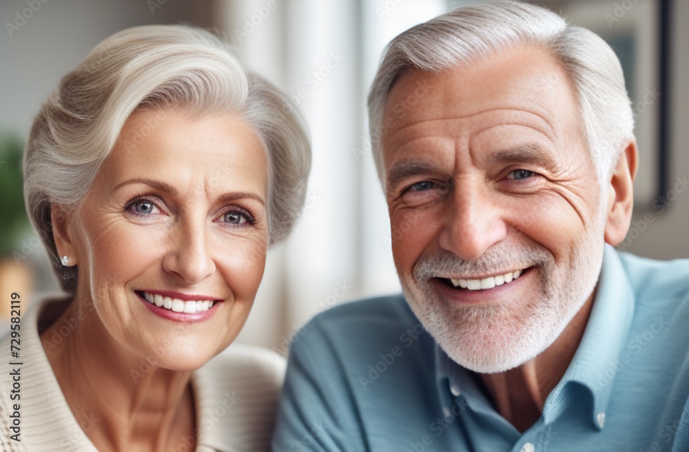 A married couple in close-up, a man and a woman with gray hair sitting next to each other, not young, happy, smiling. Generative Al A married couple in close-up, a man and a woman with gray hair sitting next to each other, not young, happy, smiling. Generative Al