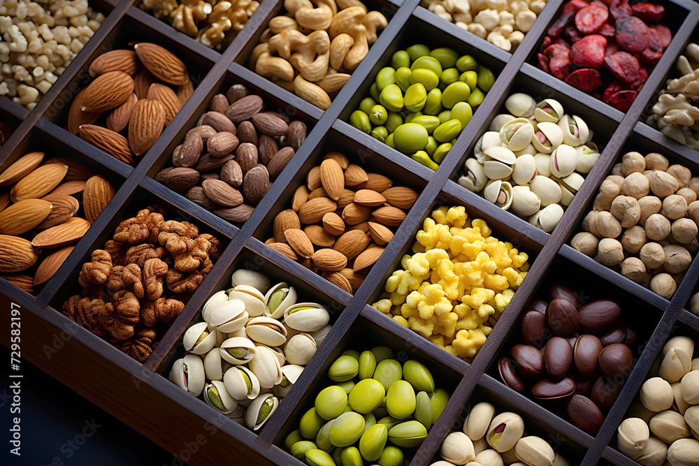 large assortment of different types of nuts in wooden boxes for the supermarket. vegan food. natural vitamins