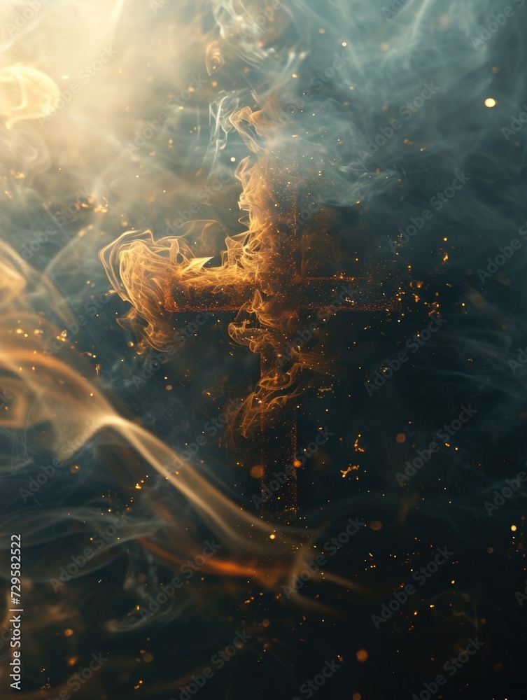 Mystical Cross Silhouette in Swirling Smoke and Sparkling Particles Mystical Cross Silhouette in Swirling Smoke and Sparkling Particles