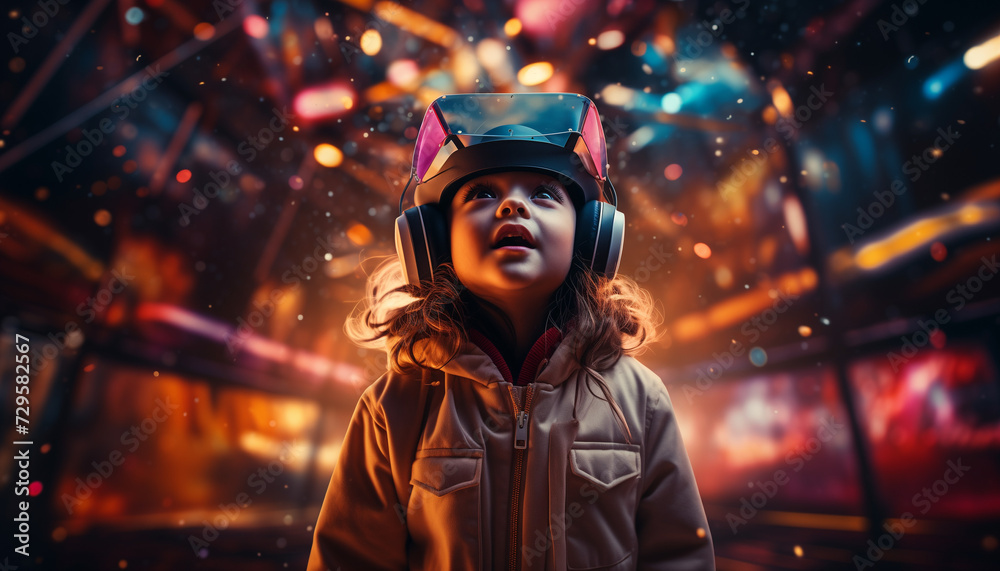 Obraz premium Happy young child wearing a virtual reality headset on a bokeh lights background, AI generated image