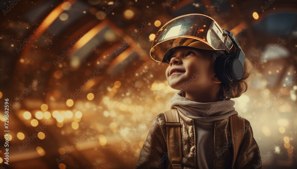 Happy young child wearing a virtual reality headset on a bokeh lights background, AI generated image Happy young child wearing a virtual reality headset on a bokeh lights background, AI generated image