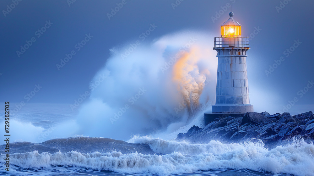 towering lighthouse stands firm as a massive wave crashes against the rocks, with the beacon glowing steadily through the mist
