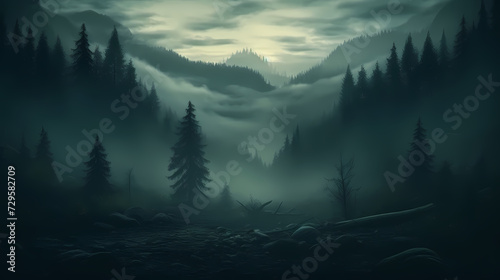 Forest landscape, exotic foggy forest