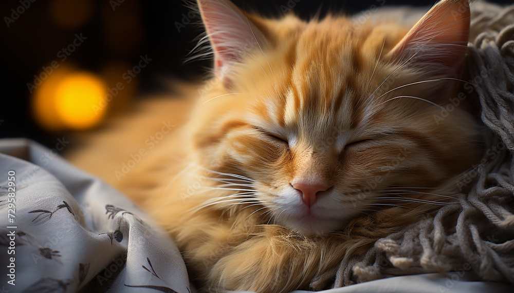 Cute kitten resting on soft pillow, staring outdoors generated by AI