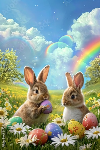 Hoppy Easter to you! Bunnies, eggs, and daisies create a heartwarming scene under the beautiful sky. © Евгений Федоров