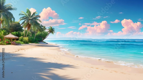 tropical paradise beach with white sand and coco palms travel tourism wide panorama background concept 