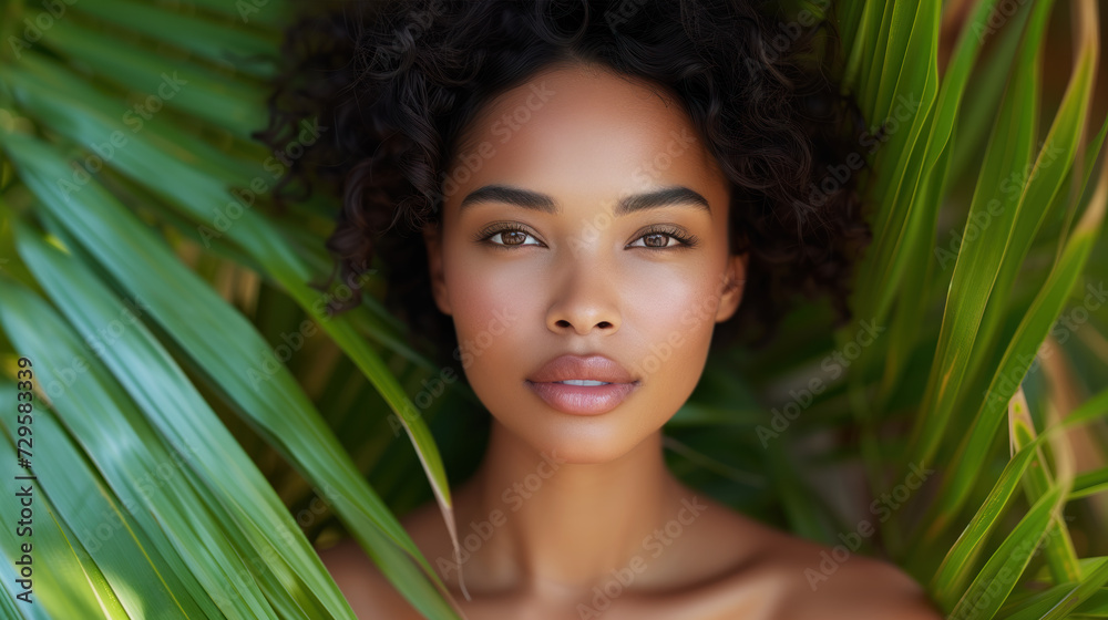 Portrait of a young and beautiful African woman with perfect smooth skin against a background of tropical leaves. The concept of natural cosmetics and skin care Portrait of a young and beautiful African woman with perfect smooth skin against a background of tropical leaves. The concept of natural cosmetics and skin care