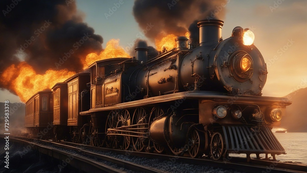 Fototapeta premium steam train in the woods burning, steampunk train exploding on fire, 