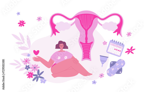 Menstrual period. Woman during her period with a heart in her hand sitting on the floor. Comfort period time. Bodypositive concept