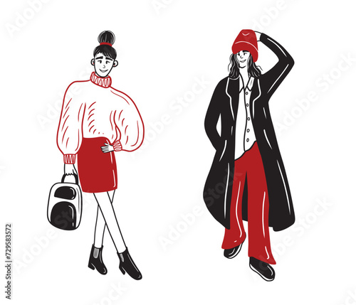 Two beautiful monochrome look girls posing for photo isolated on white. HAnd drawn vector sketch doodle flat illustration. Casual style clothes everyday outfit. Skirt sweater hat coat pants