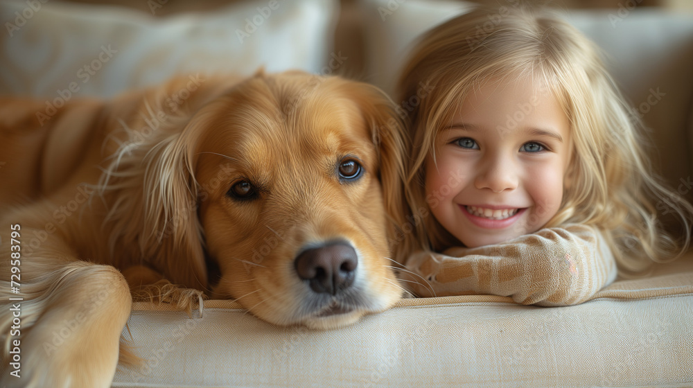 Little girl with her pet dog golden retriever smiling together on the couch. Concept of tenderness and friendship between pet and girl.
