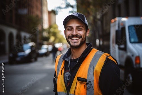 Smiling portrait of a young garbage man