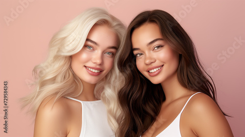 Two young women with a friendly and warm demeanor  smiling and posing closely together against a soft pink background