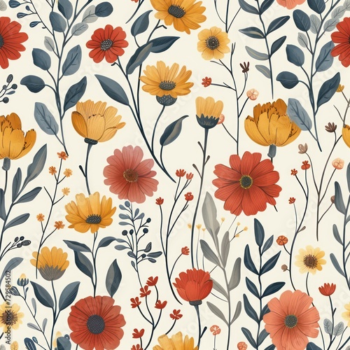 Seamless floral backdrop featuring minimalist flower patterns and vintage color scheme.