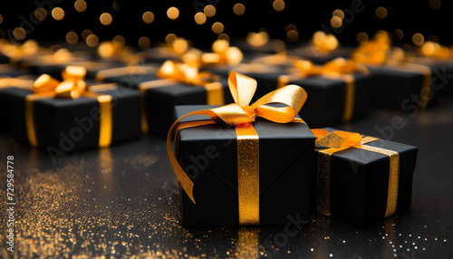 A shiny gold gift box wrapped in glittery wrapping paper generated by AI © Jeronimo Ramos