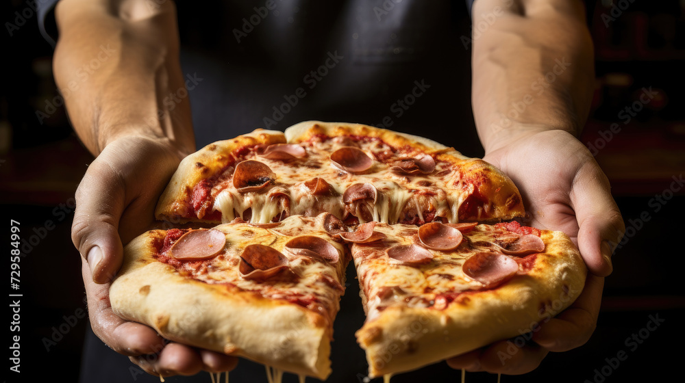 Mans hands holding delicious freshly cooked pizza with cheese, ham, green. Dark apron background