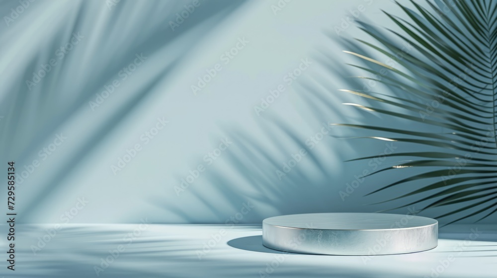 Podium pedestal with shadow made of palm leaf on pastel blue background for product presentation or showcase empty mockup Podium pedestal with shadow made of palm leaf on pastel blue background for product presentation or showcase empty mockup