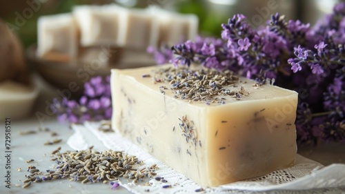 Artisanal lavender soap bar on a rustic wooden surface with fresh lavender sprigs