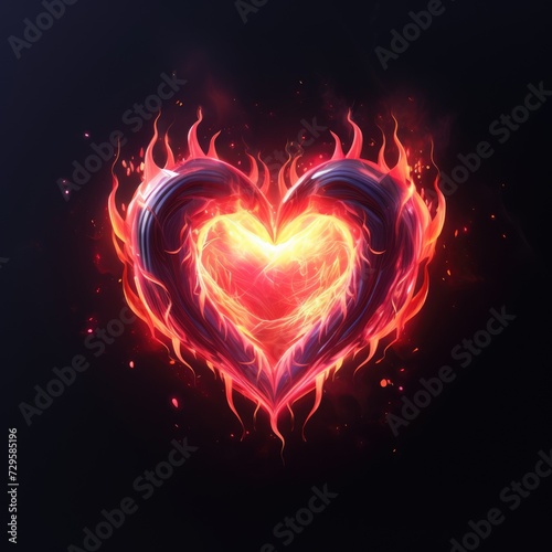 Fiery burning heart on black background. Orange  yellow and red flame. Concept of love and passion. AI Generated 