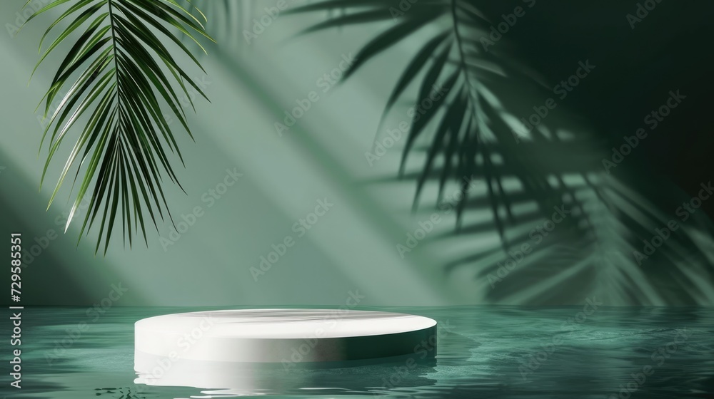 Podium pedestal standing in water, shadow made of palm leaf on deep green pastel background for product presentation or showcase empty mockup Podium pedestal standing in water, shadow made of palm leaf on deep green pastel background for product presentation or showcase empty mockup