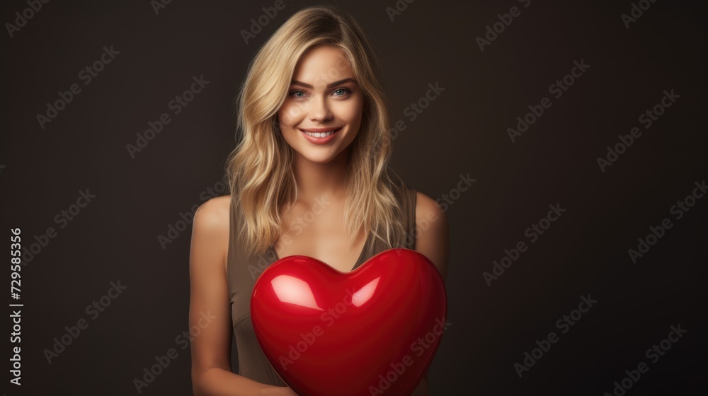 Pretty blonde lady holds red heart shaped balloon. Love and valentine's day theme. Brown background. AI Generated