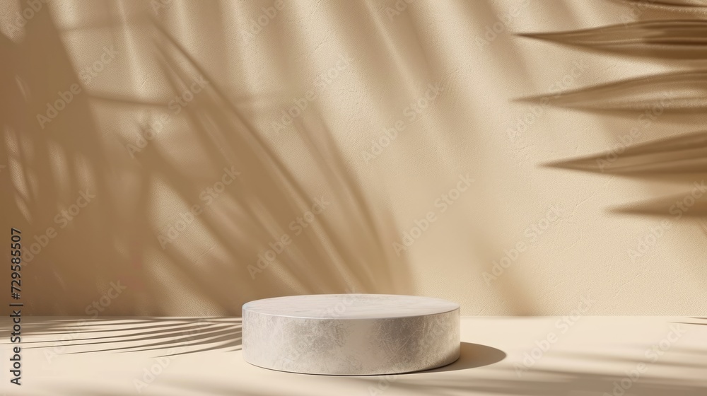 Mock up with round podium stone textured pedestal with natural soft shadow from palm leaves on beige background for product presentation or showcase Mock up with round podium stone textured pedestal with natural soft shadow from palm leaves on beige background for product presentation or showcase
