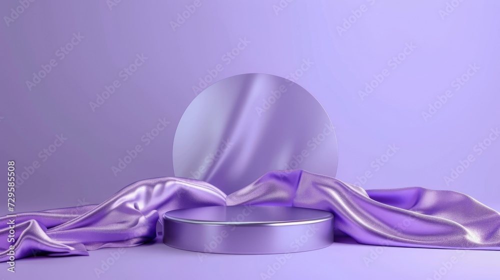 Podium pedestal, round silver circle, silky cloth in motion on pastel violet background for product presentation or showcase empty mockup