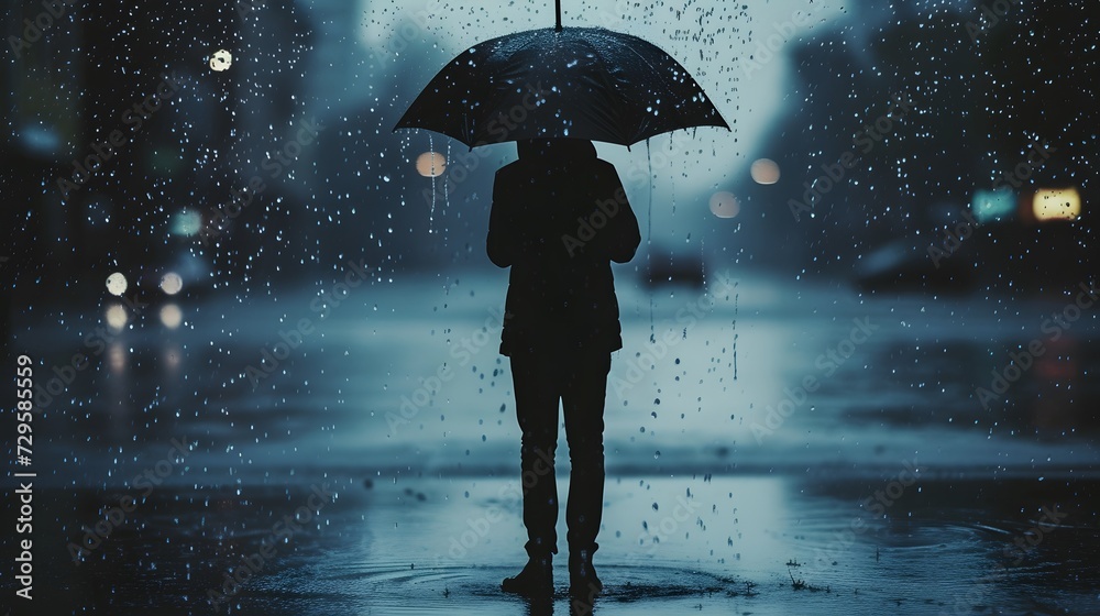 Emotional Storm: Person with Umbrella Standing in Rain, Symbolizing Anxiety Experience