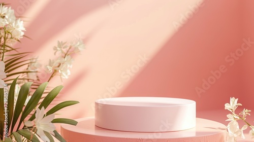 Podium pedestal on pastel soft colored background for product presentation or showcase. Empty minimalistic mockup