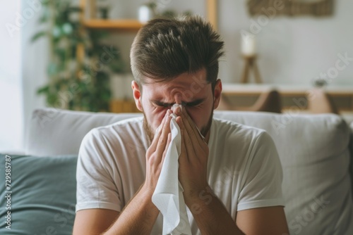 sick man who has the flu blows her nose into a tissue, sneezes into a napkin