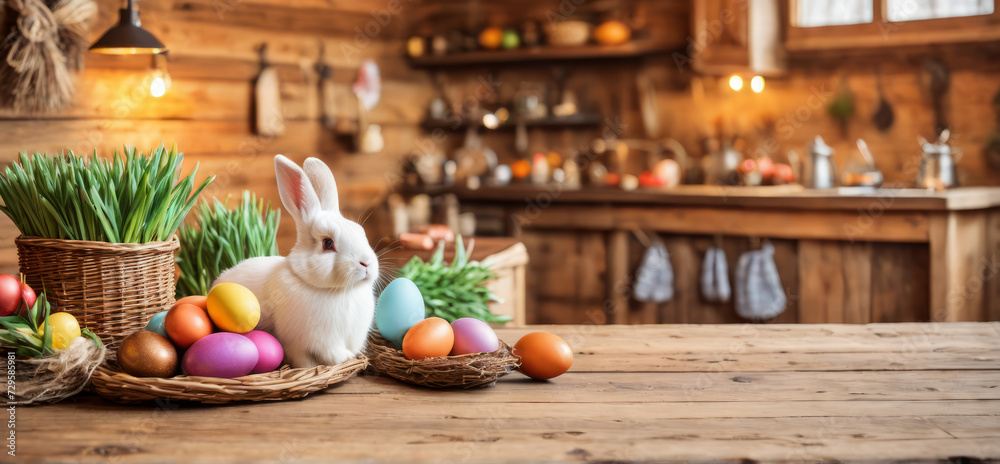 Adorable white easter bunny and basket with colorful easter eggs on wooden tabletop at cozy rustic kitchen in cabin, out of focus background, wide banner with copy space for text