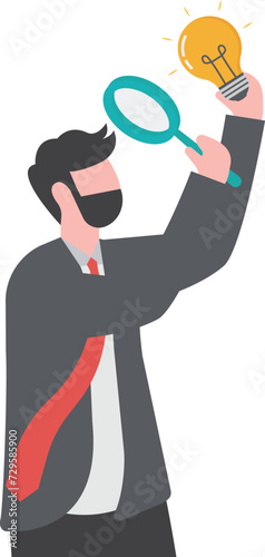 Perfectionist, too much attention to details, high standard goal, focus on perfect result concept, perfectionist businessman with magnifying glass looking at every details of lightbulb idea.

