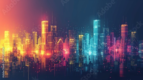 A digital cityscape with skyscrapers made of pixel blocks in vibrant colors