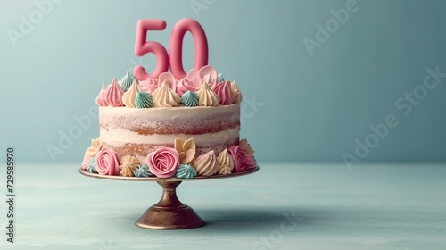 Fifty birthday cake decorated with cream flowers on a blue background. photo