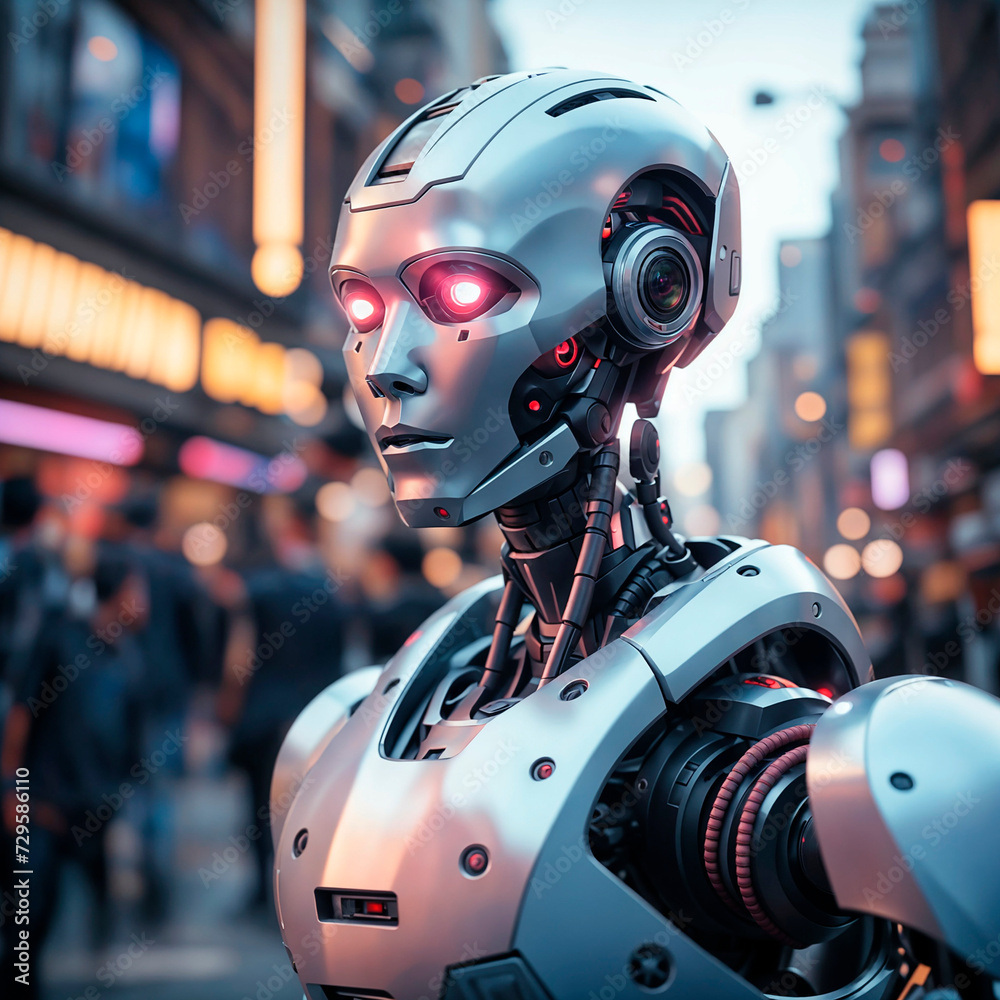 A humanoid robot with glowing blue eyes stands in a crowded city street A humanoid robot with glowing blue eyes stands in a crowded city street