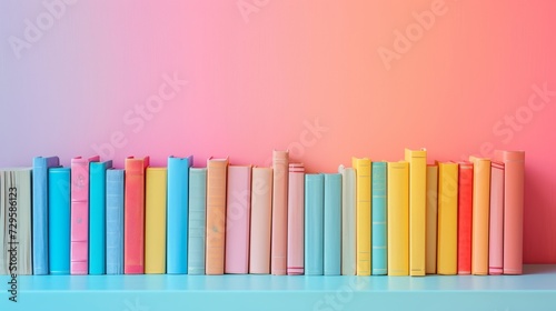 A bookshelf filled with vibrant books against a soft pastel backdrop, evoking a love for reading