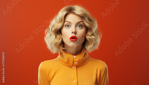 Beautiful blond woman with curly hair looking at camera, smiling generated by AI