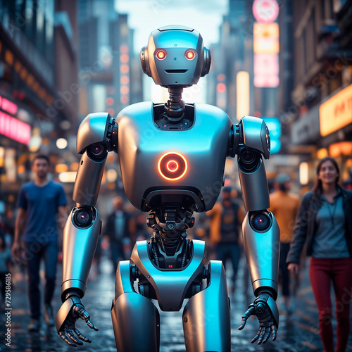 A humanoid robot with glowing blue eyes stands in a crowded city street