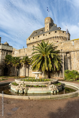 Saint-Malo Castle with Fountain and Palm Tree, France