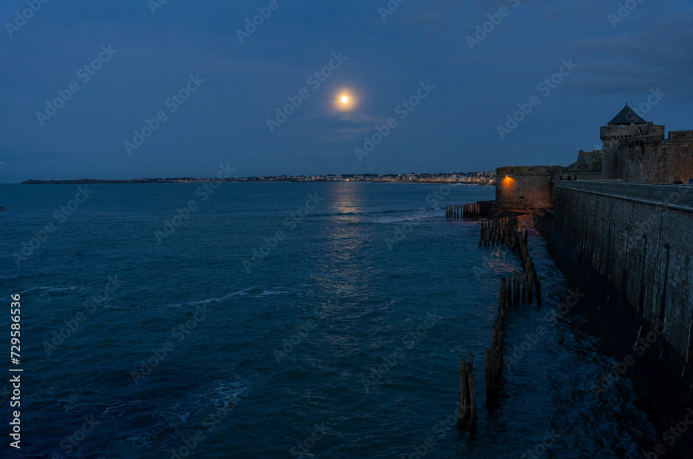 Full moon with flood at Saint-Malo, France