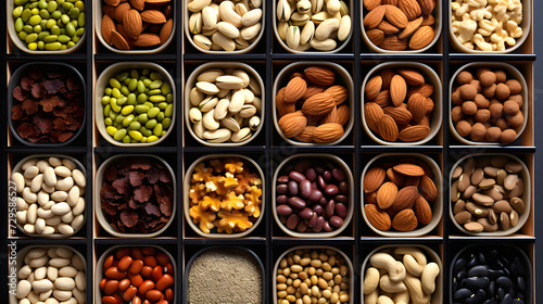 large assortment of different types of nuts in wooden boxes for the supermarket. vegan food. natural vitamins. top view photo